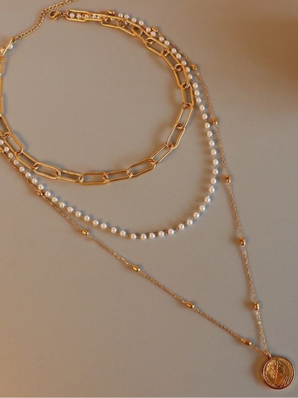 Gold Layered Chain Pearl Coin Pendant Necklace Set